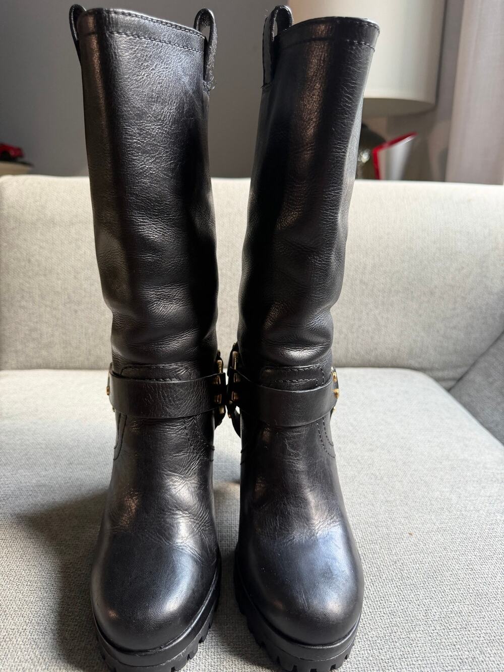 TORY BURCH Rainelle Black Heeled Mid-Calf Motorcycle Boots‎ Gold Harness Sz 7